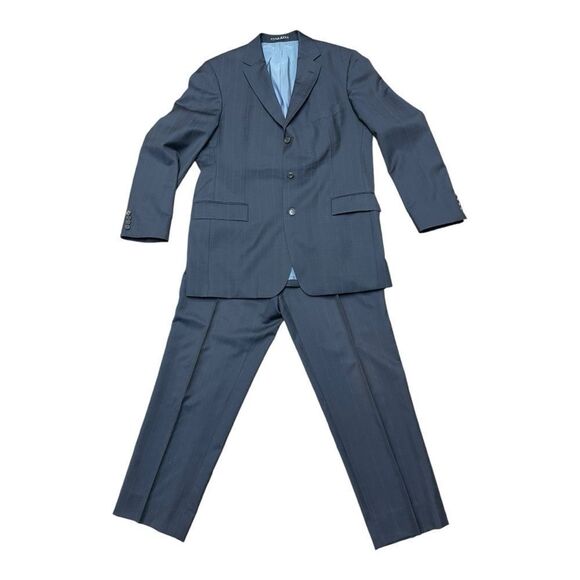 HUGO BOSS Navy BlueLight Blue Windowpane Pure Wool Suit Men’s Sz 44 L - Picture 1 of 12